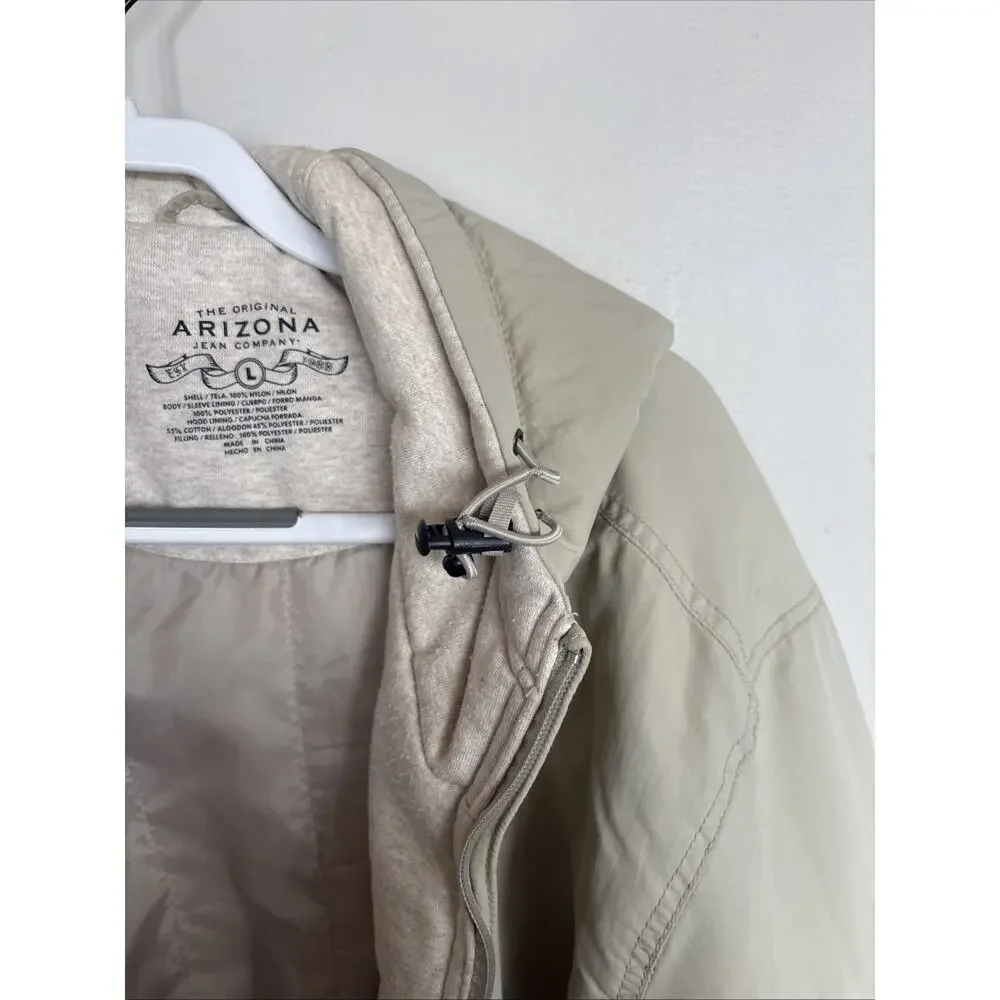 Arizona Jean Co Hooded Bomber Jacket Tan Beige Full Zip Striped Sleeve L